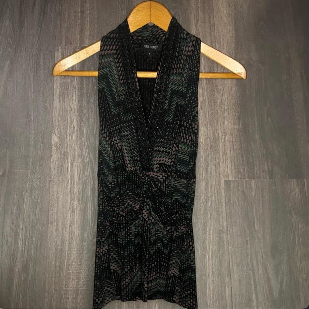 Karen Kane Sleeveless Draped Top Beaded Neckline Size Small